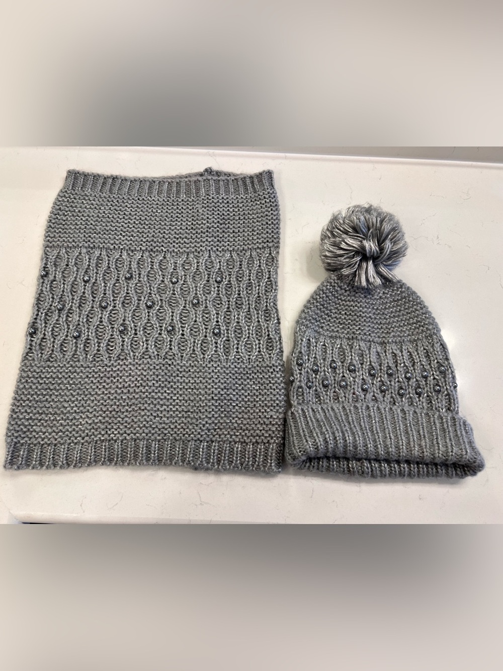 Betsey Johnson Gray Pearl Embellished Pom Beanie & Infinity Scarf Set